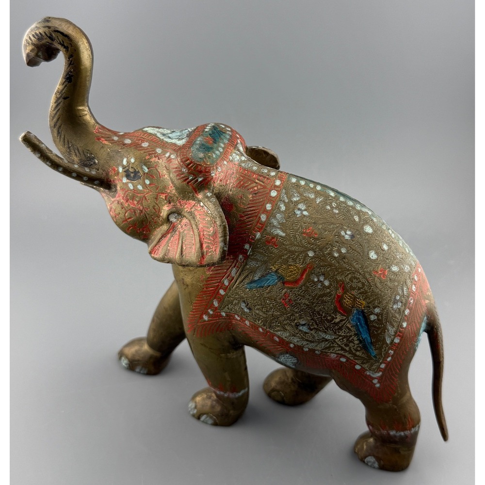 Vintage Brass Elephant Figurine India Hand Painted Engraved Decorative Statue 8"